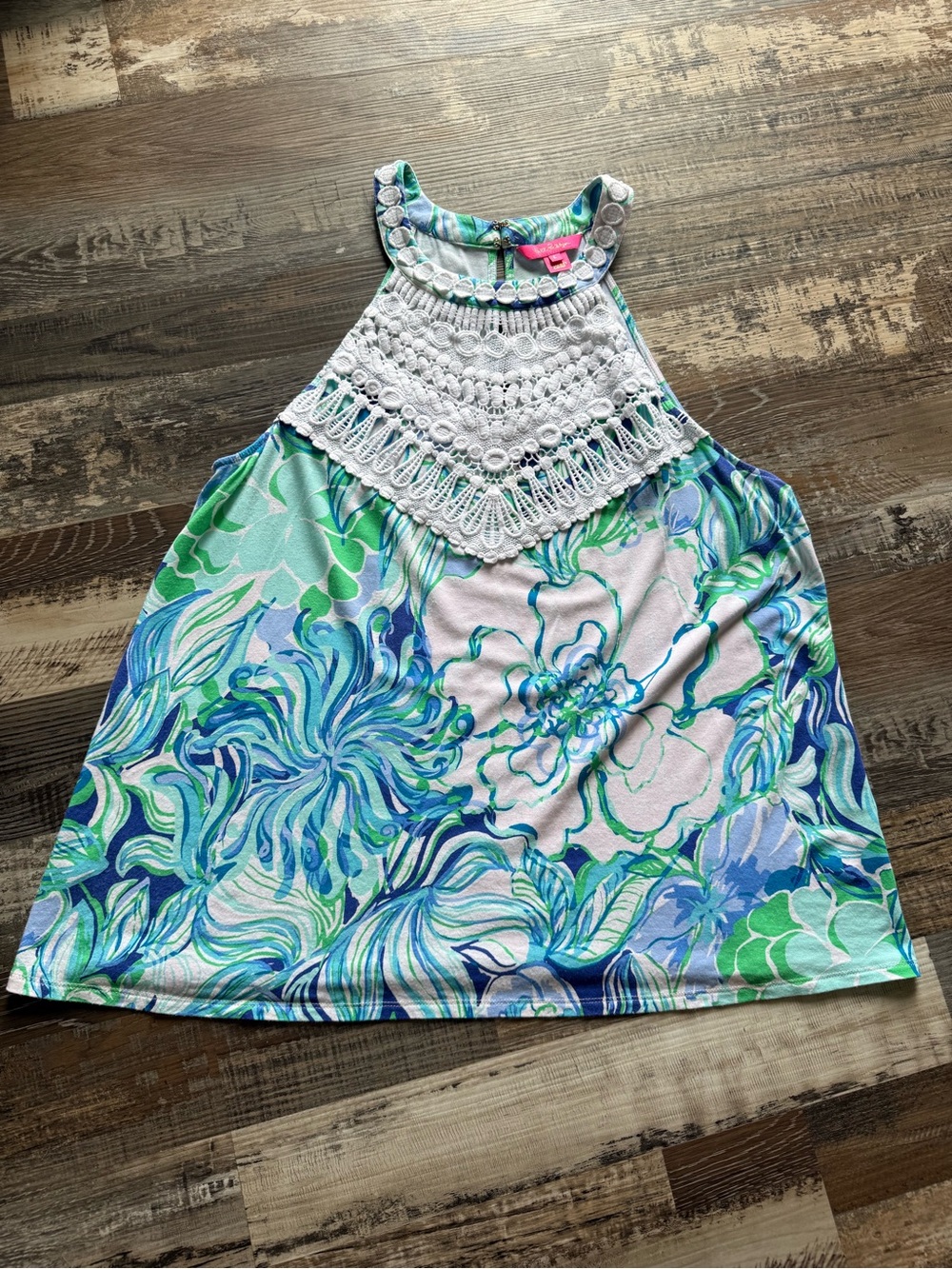 Lilly Pulitzer Blue, Green & White Crochet Halter Tank